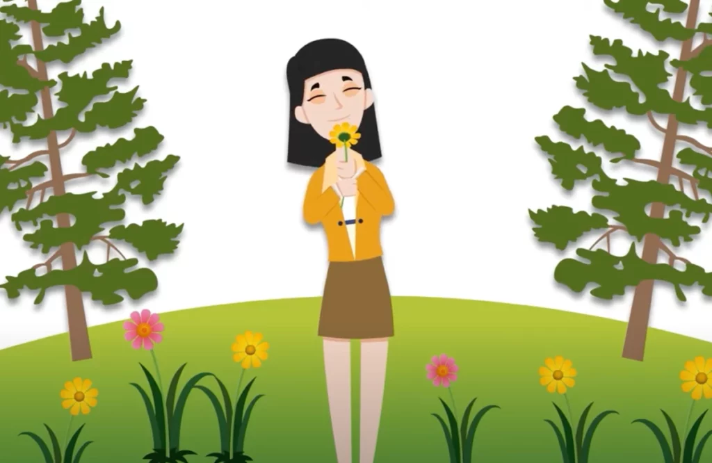allergies video poster, woman smelling flower